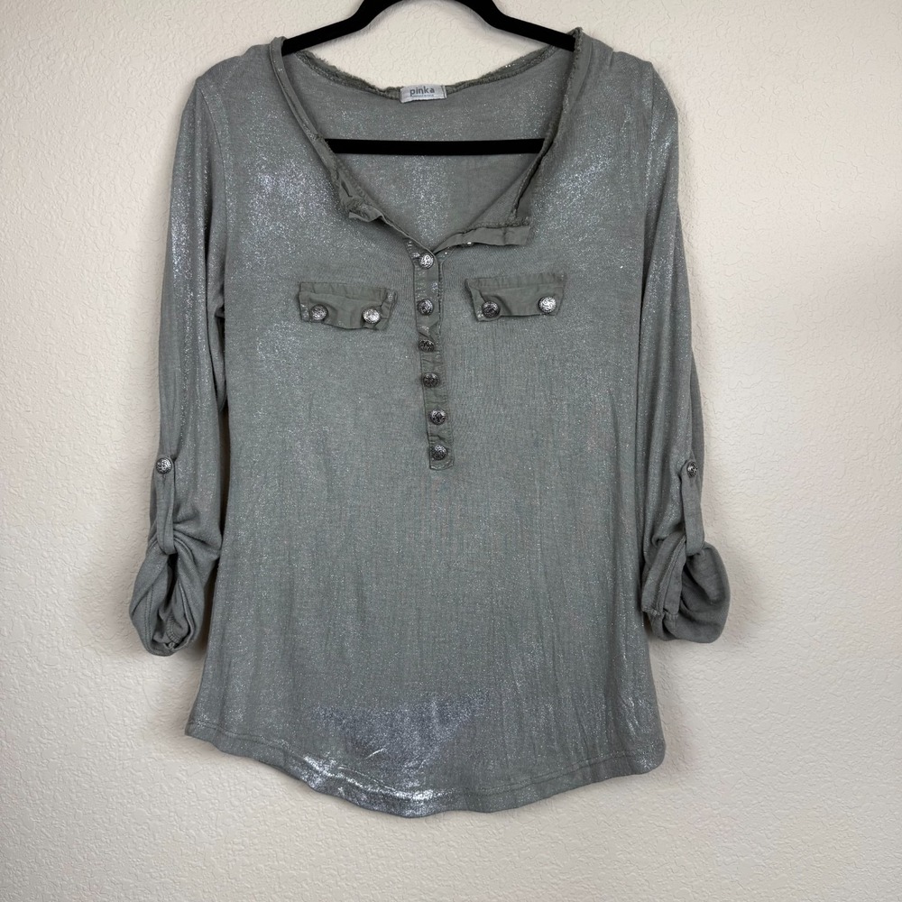 Pinka Made In Italy Green Roll Tab Henley Button Silver Splatter Shirt Sz M?